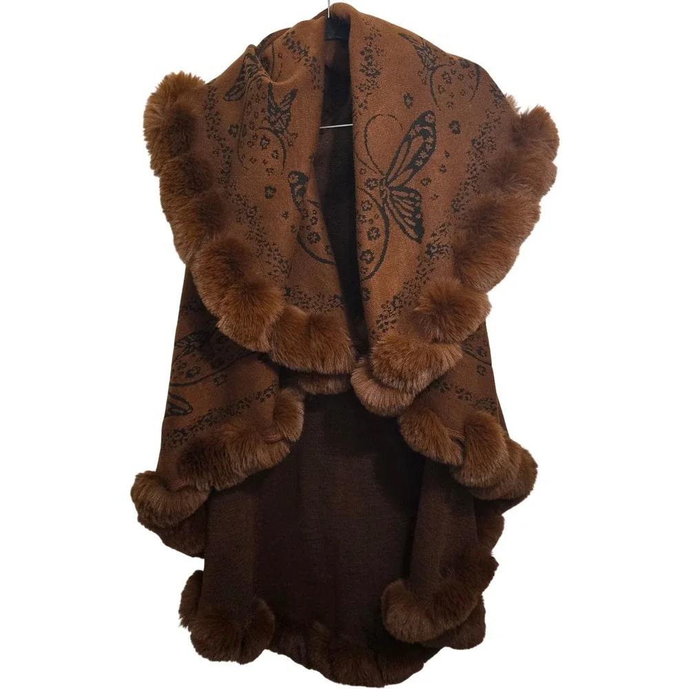 Butterfly Print Faux Fur Trim Knit Shawl Kimono Wrap Brown Cape Scarf One‎ Size